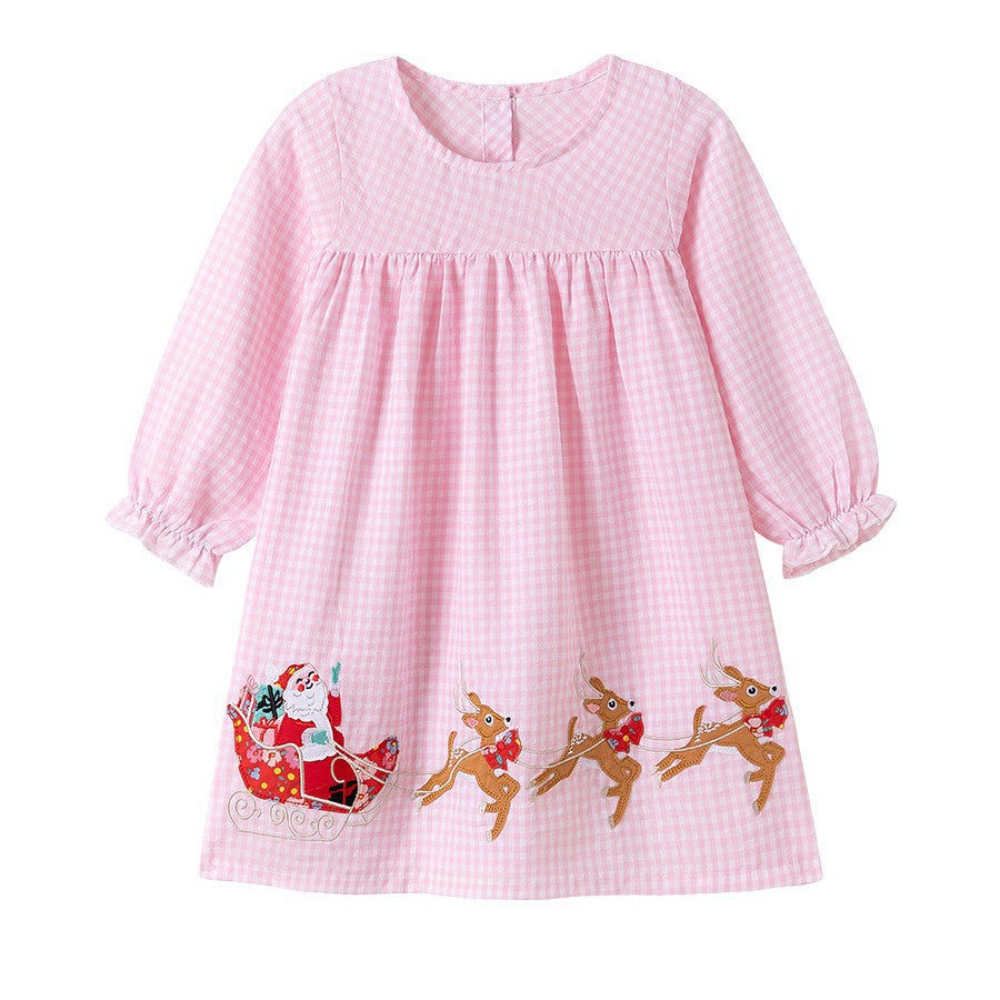 Autumn Arrival Cartoon Animals Christmas Pattern Long Sleeves Crew Neck Dress for Stylish Girls, MyKids-USA®, Baby & Toddler Dresses, MyKids-USA - Size/Age - 90 (12-24M) - Color - Pink -  -  - TR2507102059-A.