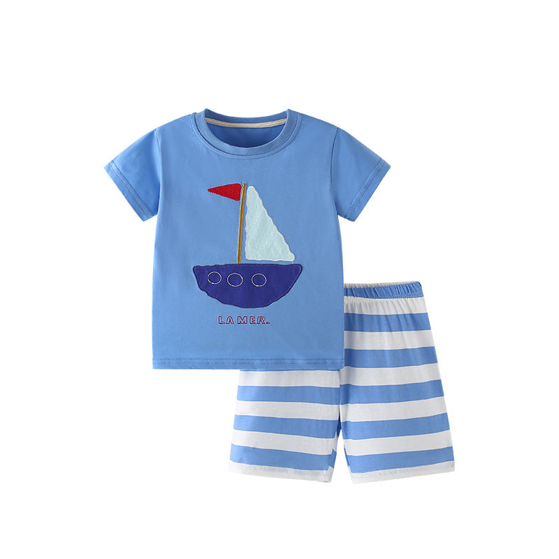 Boat Pattern T-shirt and Shorts Clothing Set for Boys, MyKids-USA®, Baby & Toddler Outfits, MyKids-USA - Size/Age - 120 (5-7Y) - Color - Blue -  -  - TR2506302106-A.
