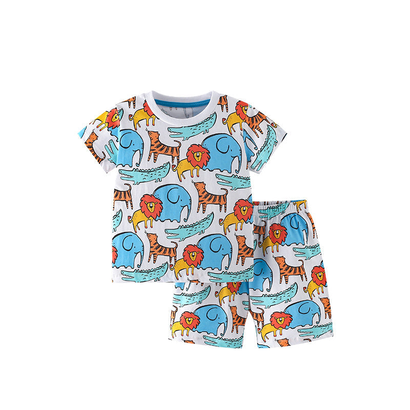 Lions and Elephants Pattern T-shirt and Shorts Clothing Set for Boys, MyKids-USA®, Baby & Toddler Outfits, MyKids-USA - Size/Age - 110 (3-5Y) - Color - Blue -  -  - TR2506232033-A.