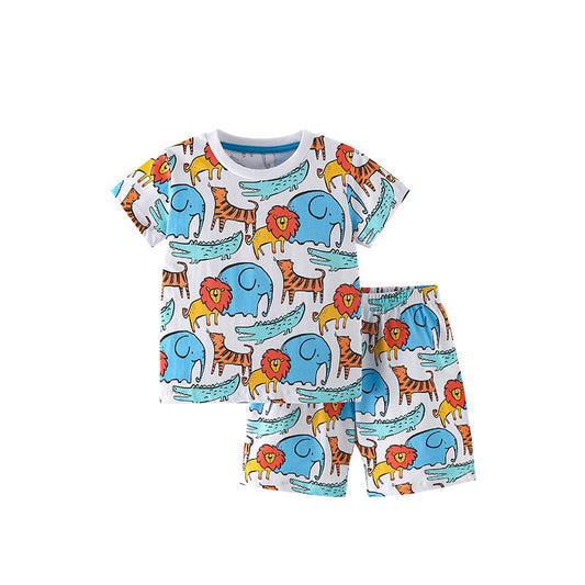 Lions and Elephants Pattern T-shirt and Shorts Clothing Set for Boys, MyKids-USA®, Baby & Toddler Outfits, MyKids-USA - Size/Age - 110 (3-5Y) - Color - Blue -  -  - TR2506232033-A.