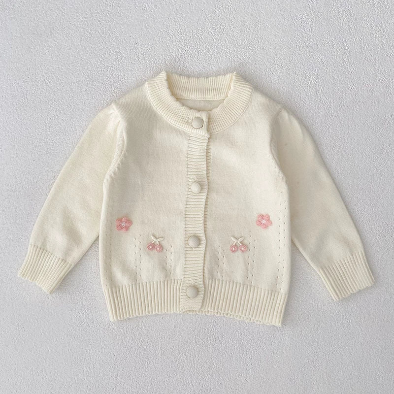 Autumn Arrival Baby Girls Comfortable Flowers and Fruits Decorated Knitted Long Sleeves Cardigan