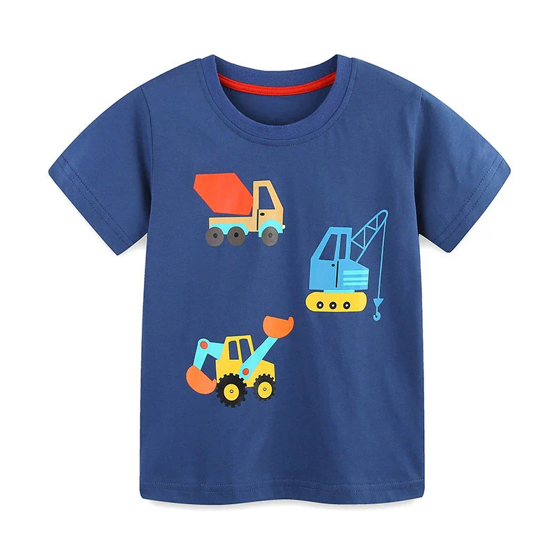 Summer Boys’ Engineering Vehicles Cartoon Pattern T-shirt in European and American Style, MyKids-USA®, Baby & Toddler Tops, MyKids-USA - Size/Age - 90 (12-24M) - Color - Blue -  -  - TR2506181810-A.