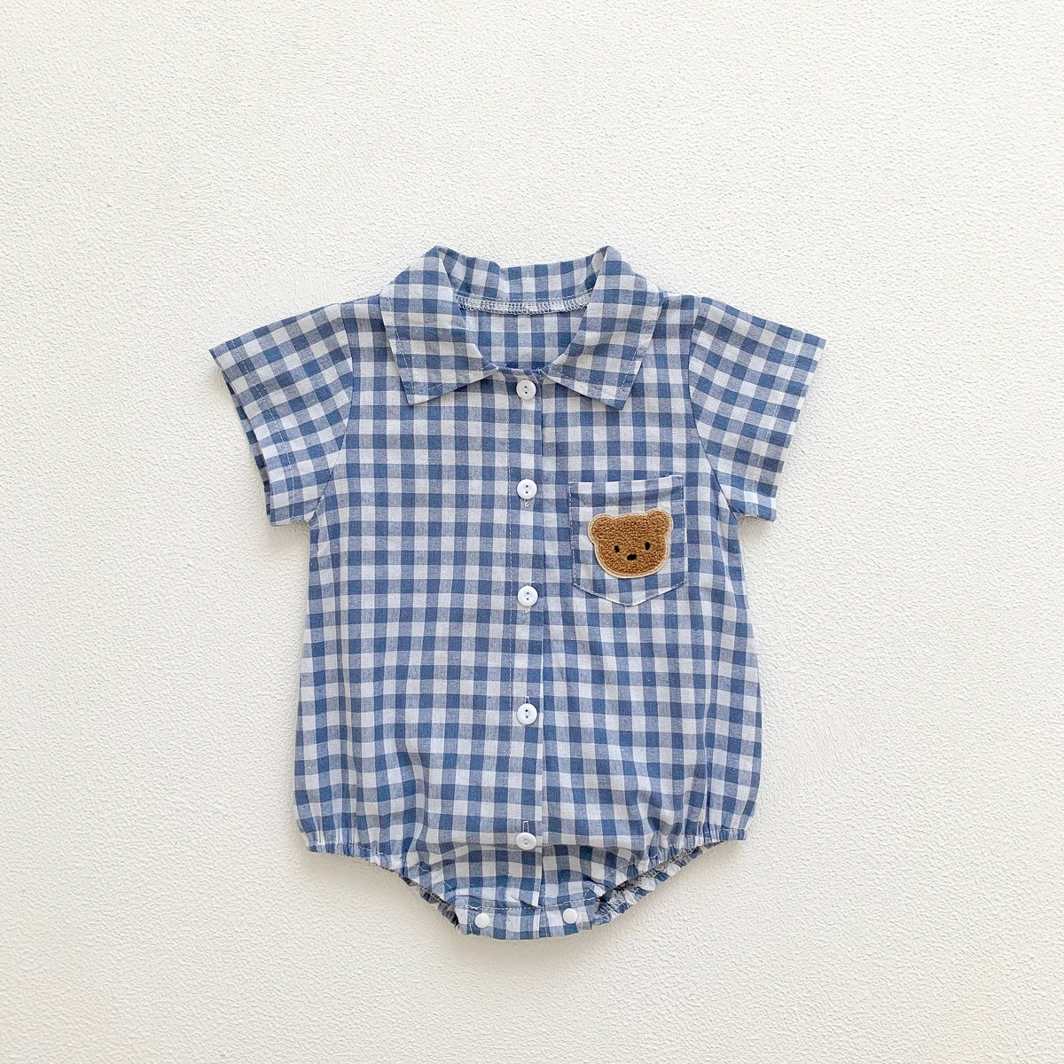 Summer Arrival Baby Boys Plaid and Teddy Bear Pattern Short Sleeves bodysuit with Turn-down Collar, MyKids-USA®, Baby One-Pieces, MyKids-USA - Size/Age - 66 (3-6M) - Color - Blue -  -  - TR2506182019-B.