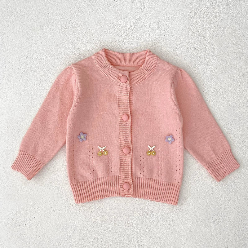 Autumn Arrival Baby Girls Comfortable Flowers and Fruits Decorated Knitted Long Sleeves Cardigan