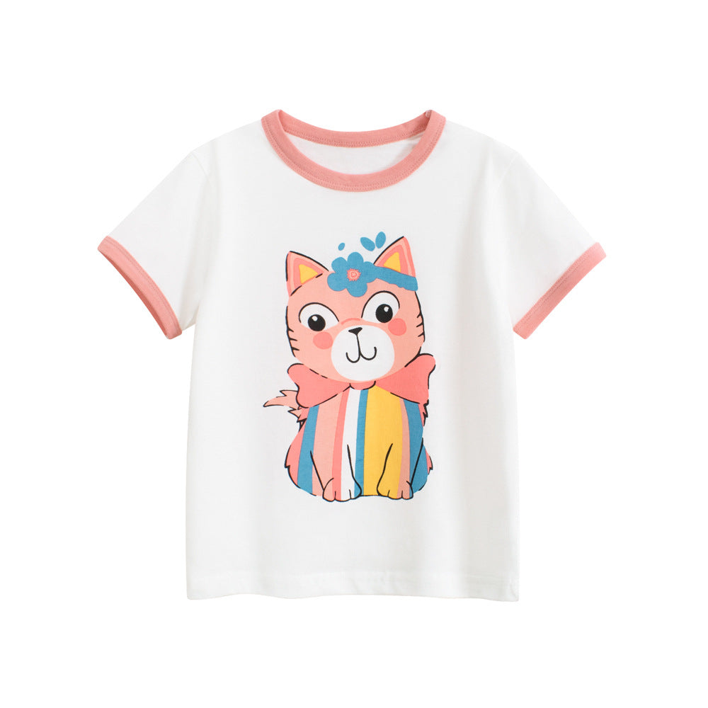 Summer Girls’ Cartoon Cats Pattern Printed T-shirt in European and American Style, MyKids-USA®, Baby & Toddler Tops, MyKids-USA - Size/Age - 90 (12-24M) - Color - White -  -  - TR2506171640-A.
