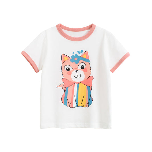 Summer Girls’ Cartoon Cats Pattern Printed T-shirt in European and American Style, MyKids-USA®, Baby & Toddler Tops, MyKids-USA - Size/Age - 90 (12-24M) - Color - White -  -  - TR2506171640-A.