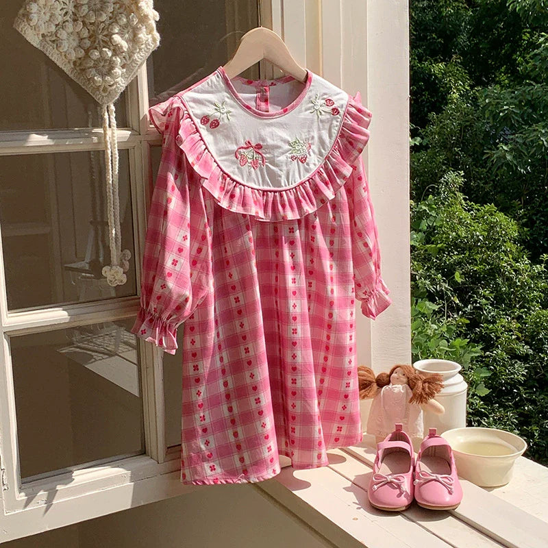 Arrival Autumn Girls Strawberry and Plaid Pattern Long Sleeves Dress