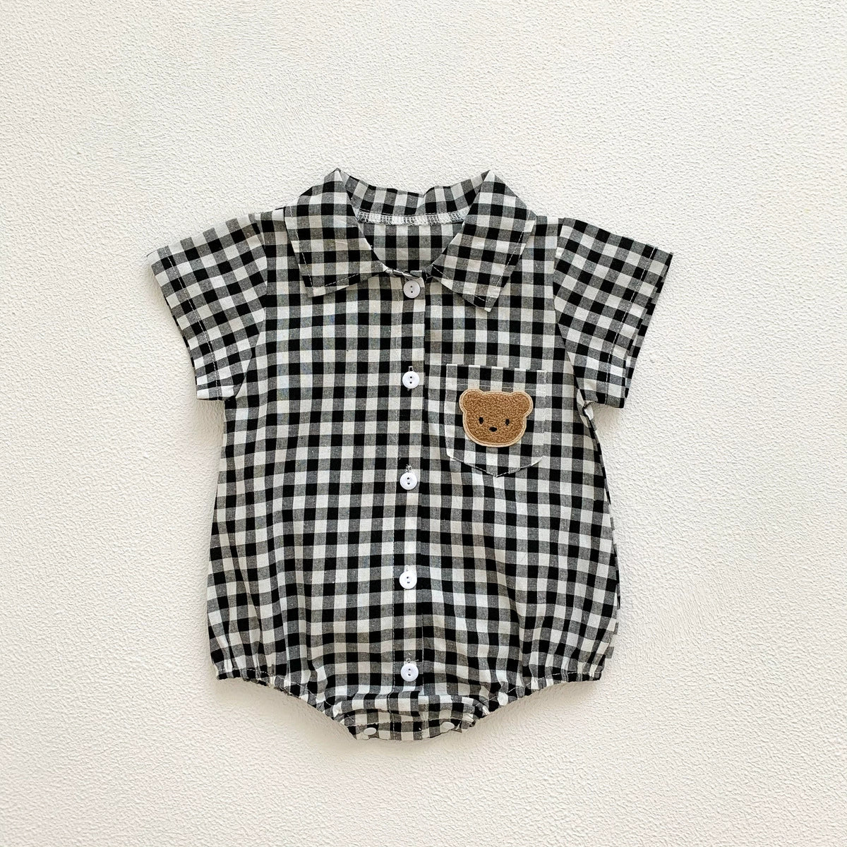 Summer Arrival Baby Boys Plaid and Teddy Bear Pattern Short Sleeves bodysuit with Turn-down Collar, MyKids-USA®, Baby One-Pieces, MyKids-USA - Size/Age - 66 (3-6M) - Color - Black -  -  - TR2506182019-A.