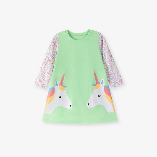 Autumn and Spring Arrival Unicorn and Flowers Pattern Long Sleeves Color Patchwork Dress for Stylish Girls, MyKids-USA®, Baby & Toddler Dresses, MyKids-USA - Size/Age - 90 (12-24M) - Color - Green -  -  - TR2508042313-A.
