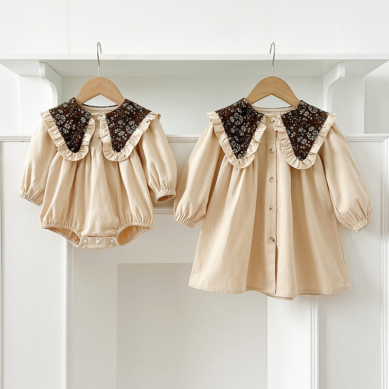 Autumn Vintage Flowers Pattern Embroidery Collar Baby Kids Girls bodysuit and Dress – Princess Sister Matching Set