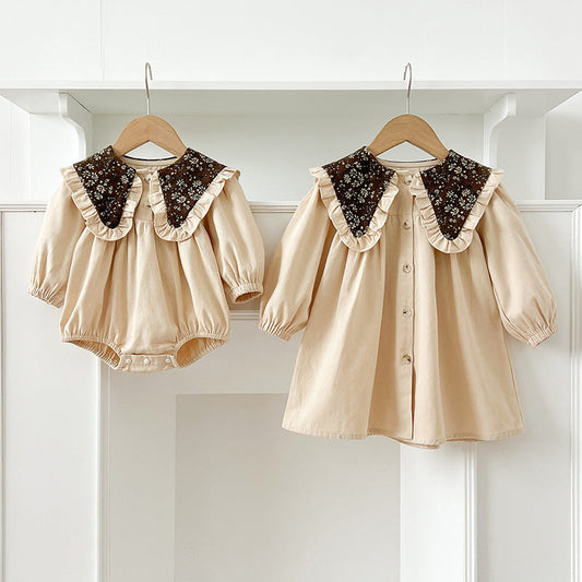 Autumn Vintage Flowers Pattern Embroidery Collar Baby Kids Girls bodysuit and Dress – Princess Sister Matching Set