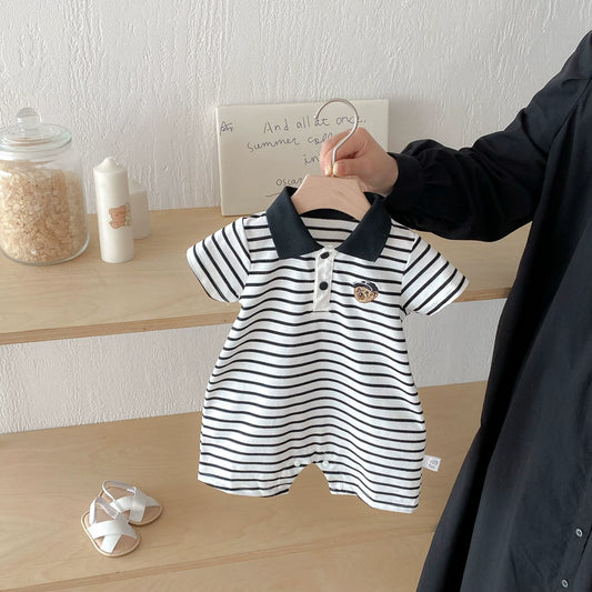 Summer Arrival Baby Boys Teddy Bear Pattern Short Sleeves Rompers with Turn-down Collar, MyKids-USA®, Baby One-Pieces, MyKids-USA - Size/Age - 66 (3-6M) - Color - Black -  -  - TR2506202015-A.