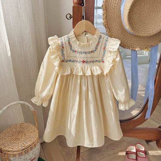 Arrival Autumn Girls Flowers Embroidery Pattern Long Sleeves Ruffle Neck Dress, MyKids-USA®, Baby & Toddler Dresses, MyKids-USA - Size/Age - 90 (12-24M) - Color - Apricot -  -  - TR2508112146-A.