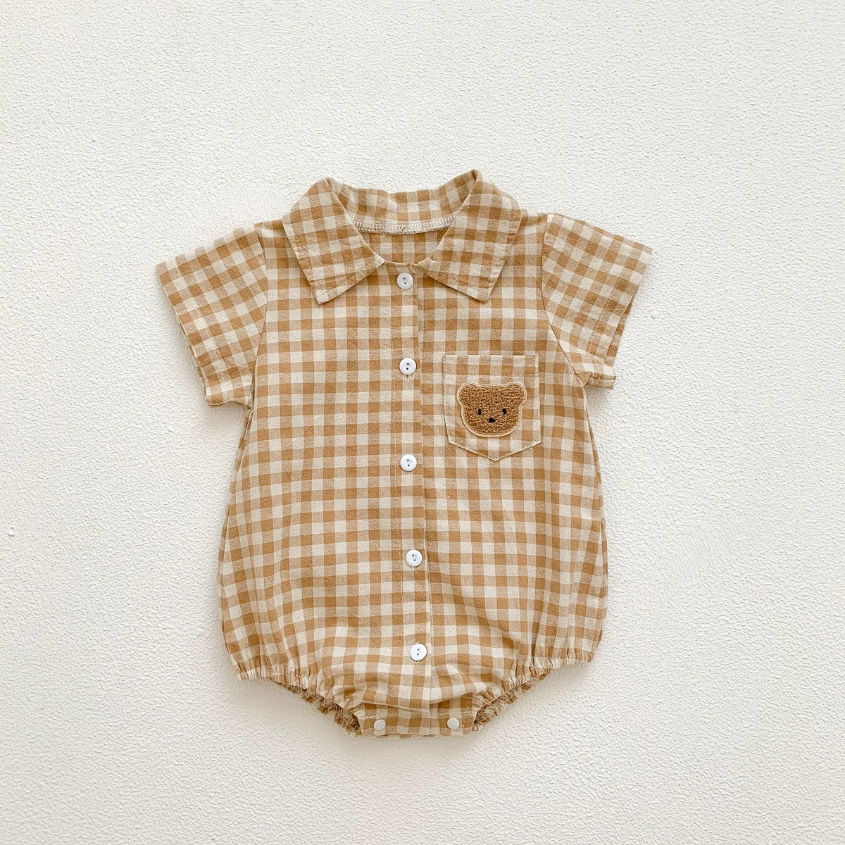 Summer Arrival Baby Boys Plaid and Teddy Bear Pattern Short Sleeves bodysuit with Turn-down Collar, MyKids-USA®, Baby One-Pieces, MyKids-USA - Size/Age - 66 (3-6M) - Color - Khaki -  -  - TR2506182019-C.