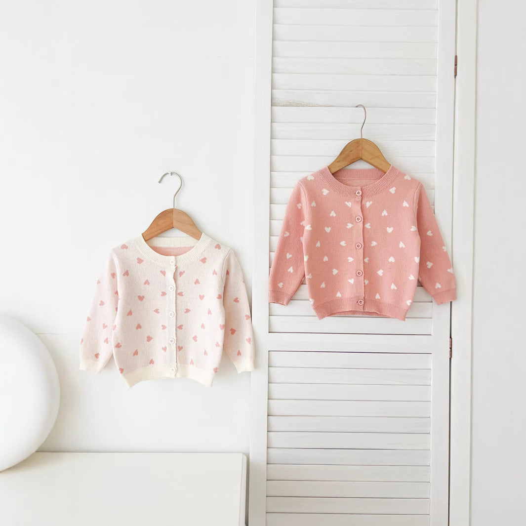 Spring Arrival Baby Kids Girls Comfortable Heart Pattern Knitted Long Sleeves Cardigan