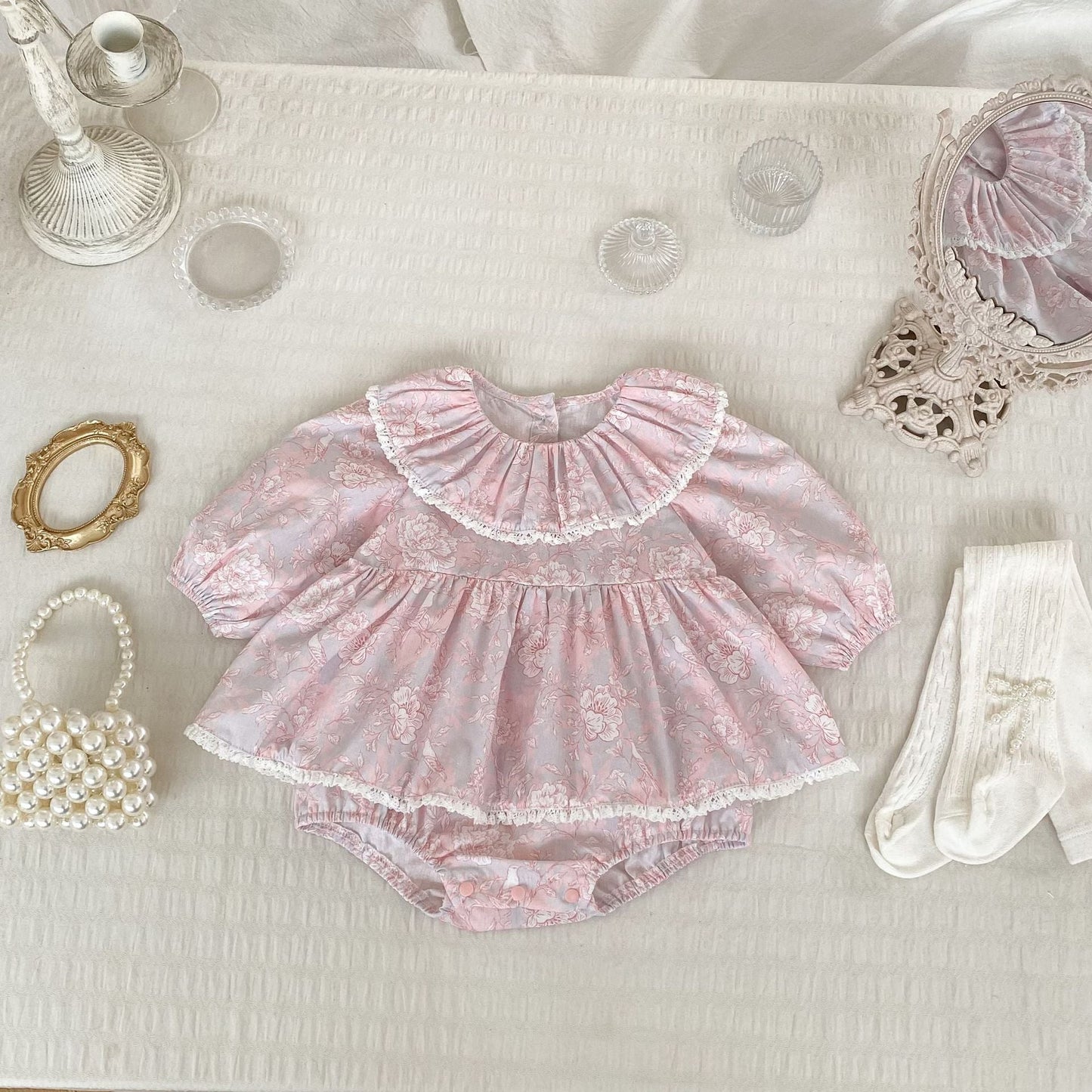 Spring Arrival Baby Girls Long Sleeves Flowers Pattern Pink Bodysuit Dress