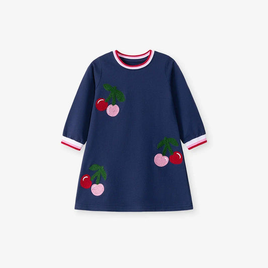 Autumn Arrival Cherry Pattern Long Sleeves Striped Crew Neck Dress for Stylish Girls, MyKids-USA®, Baby & Toddler Dresses, MyKids-USA - Size/Age - 90 (12-24M) - Color - Navy Blue (Dark Blue) -  -  - TR2507091957-A.