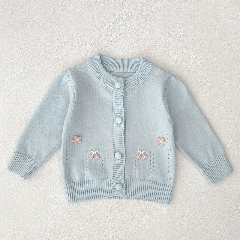 Autumn Arrival Baby Girls Comfortable Flowers and Fruits Decorated Knitted Long Sleeves Cardigan