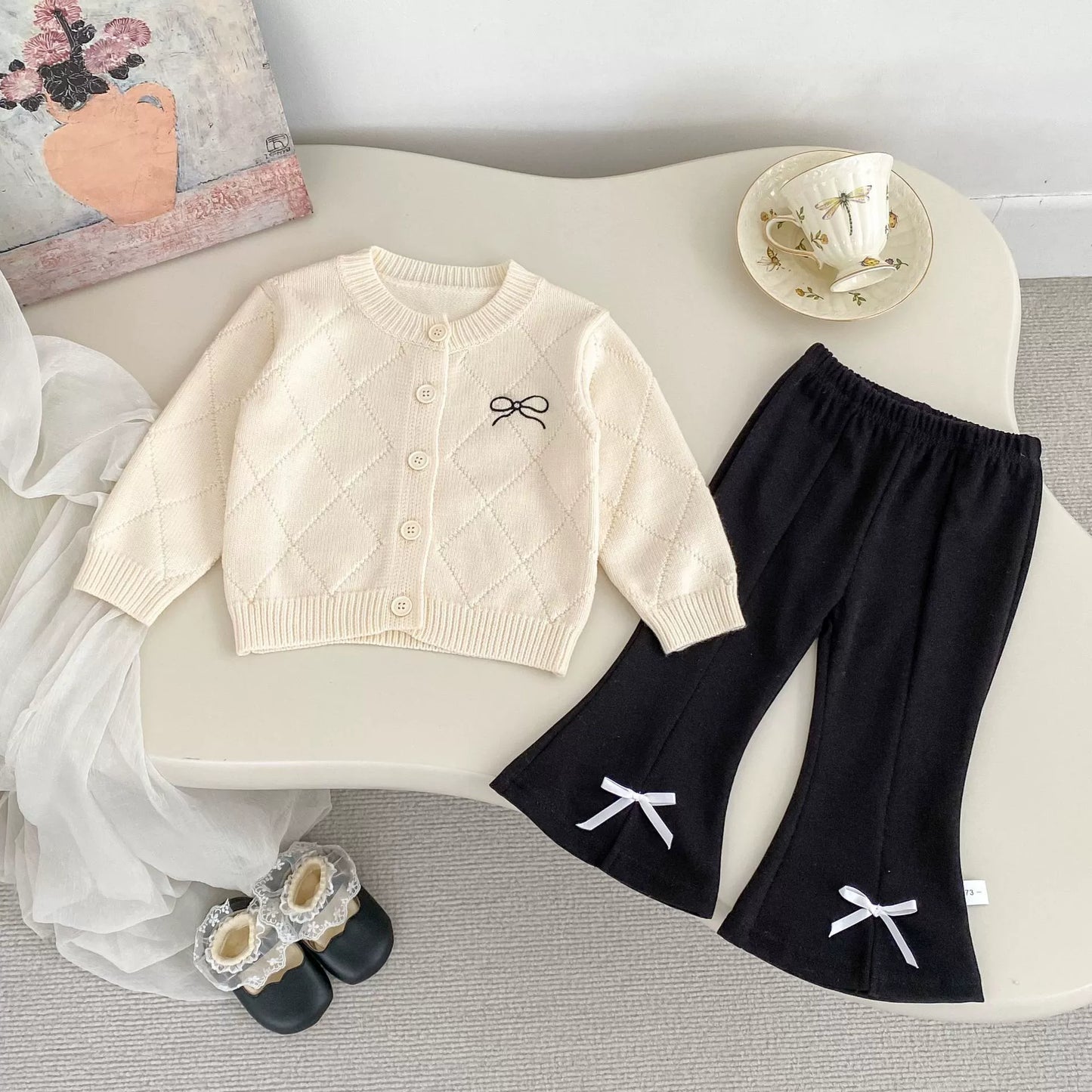 Spring and Autumn Kids Girls Argyle Pattern Long Sleeves Cardigan and Pants Clothing Set, MyKids-USA®, Baby & Toddler Outfits, MyKids-USA - Size/Age - 73 (6-9M) - Color - Beige -  -  - TR2508162343-A.