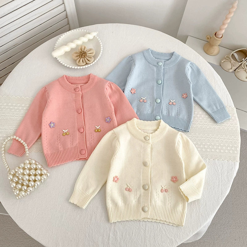 Autumn Arrival Baby Girls Comfortable Flowers and Fruits Decorated Knitted Long Sleeves Cardigan