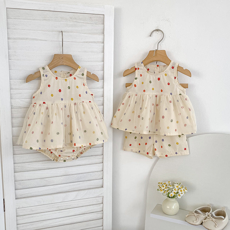 Summer Baby Kids Polka Dots Pattern Sleeveless Top and Shorts Clothing Set or bodysuit for Girls