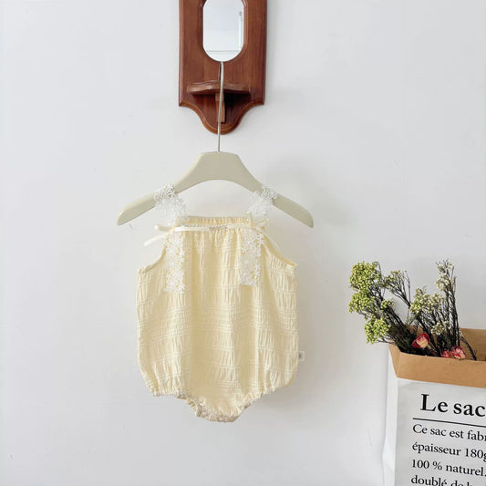 Summer Arrival Baby Girls Sleeveless Color Patchwork Lace Decorated Strap bodysuit