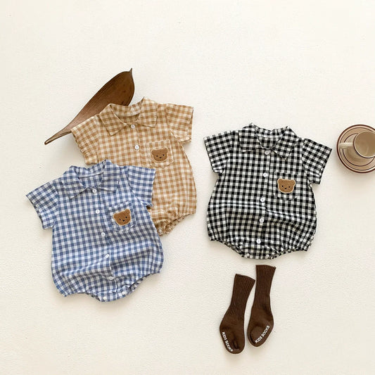 Summer Arrival Baby Boys Plaid and Teddy Bear Pattern Short Sleeves bodysuit with Turn-down Collar, MyKids-USA®, Baby One-Pieces, MyKids-USA -  -  -  -  -  -  - .