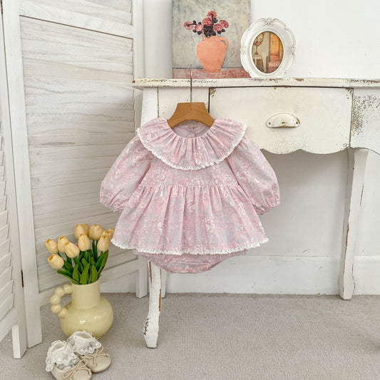 Spring Arrival Baby Girls Long Sleeves Flowers Pattern Pink Bodysuit Dress