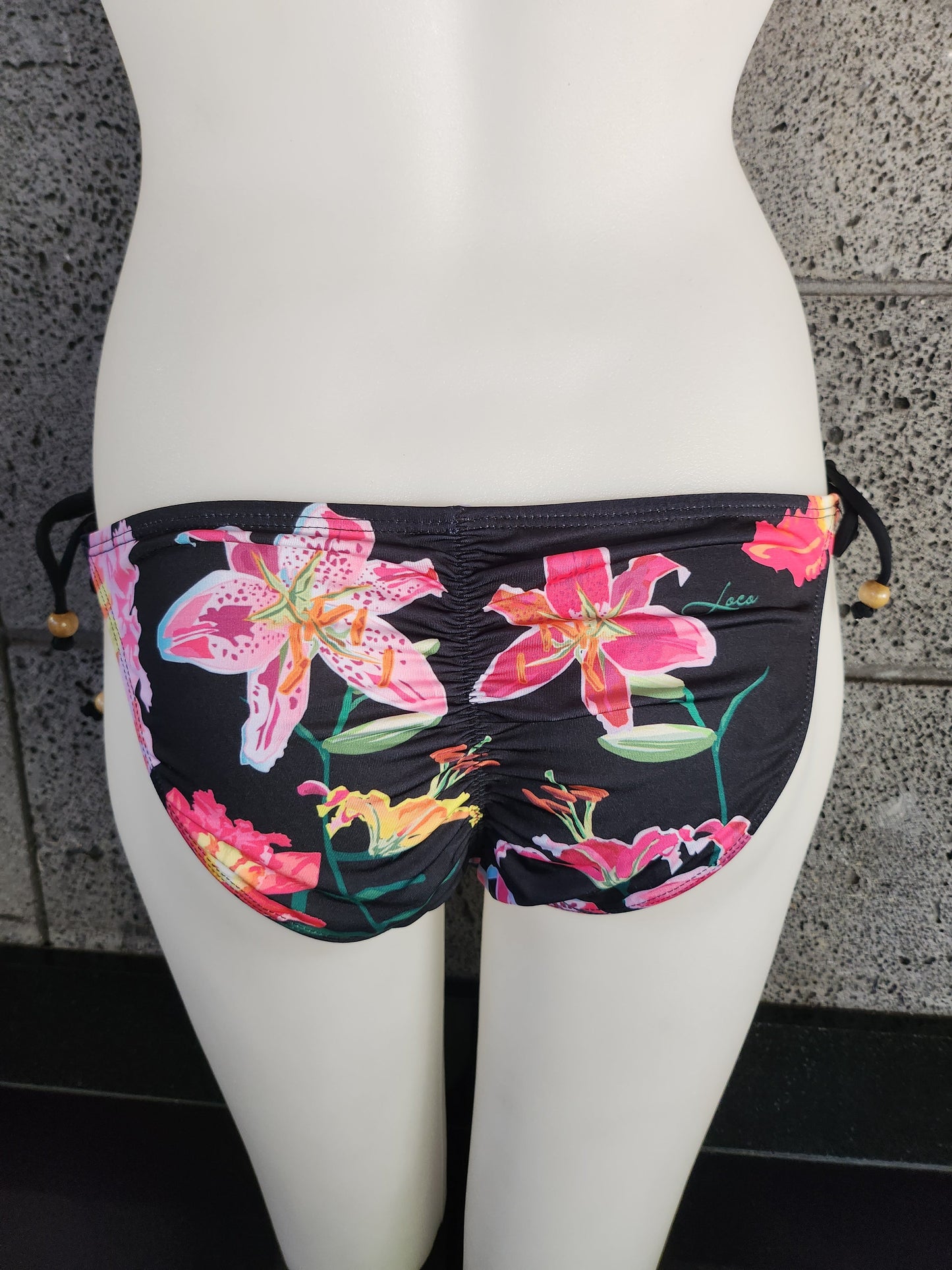 Loco Boutique Woman's Tropical Orchid Cinched Back Side Ties Bikini Bottom