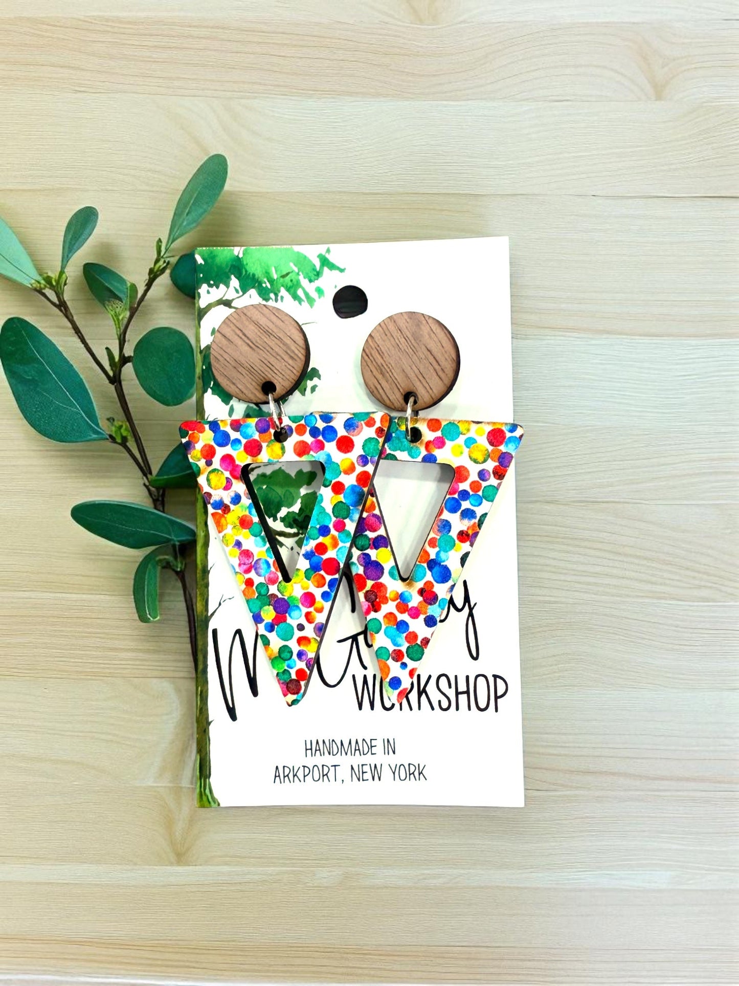 Wood Triangle Dangle Earrings, Colorful Wood Earrings, Hypoallergenic