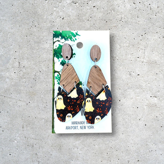 Wood Ghost Dangle Earrings, Wood Halloween Earrings, Hypoallergenic