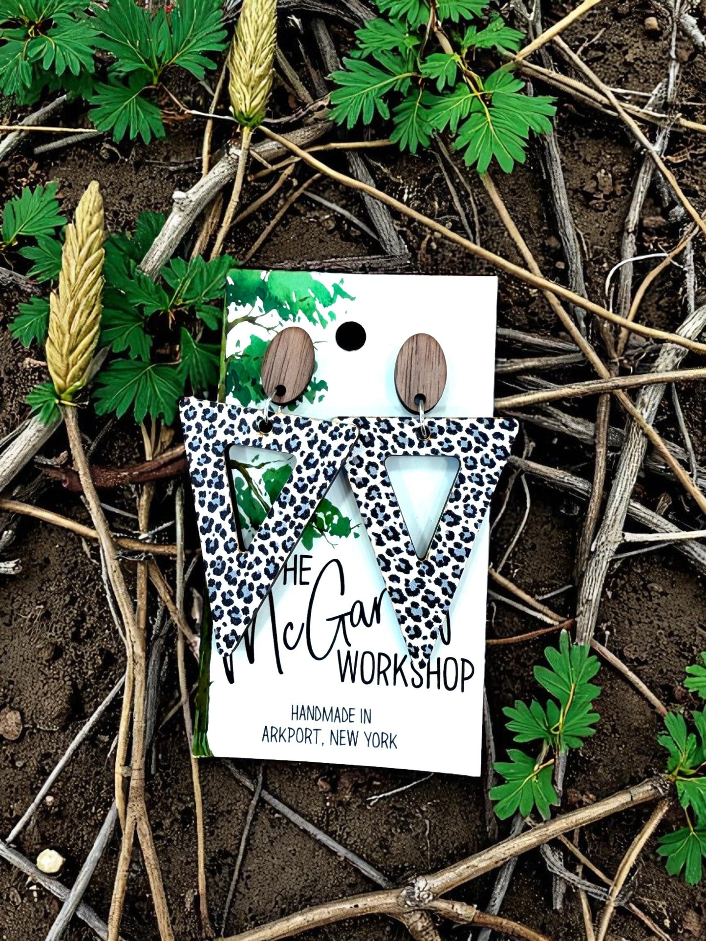Wood Triangle Dangle Earrings, Leopard Wood Earrings, Hypoallergenic