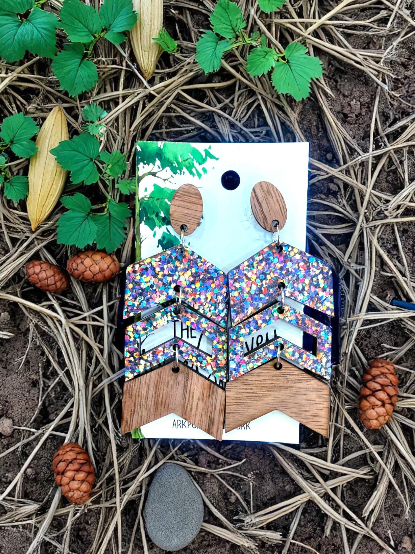 Wood Chevron Rainbow Dangle Earrings, Wood Earrings, Hypoallergenic