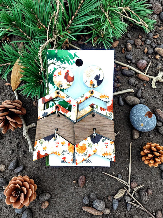 Wood Chevron Chicken Dangle Earrings, Wood Earrings, Hypoallergenic