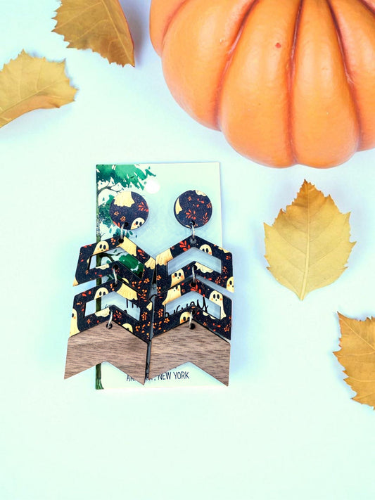 Wood Ghost Chevron Dangle Earrings, Halloween Wood Earrings, Hypoallergenic